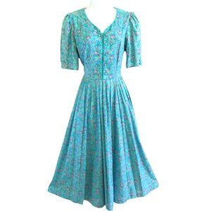 Laura Ashley Vintage Midi Blue Purple Floral Pleated Full Skirt Puff Sleeve Zip